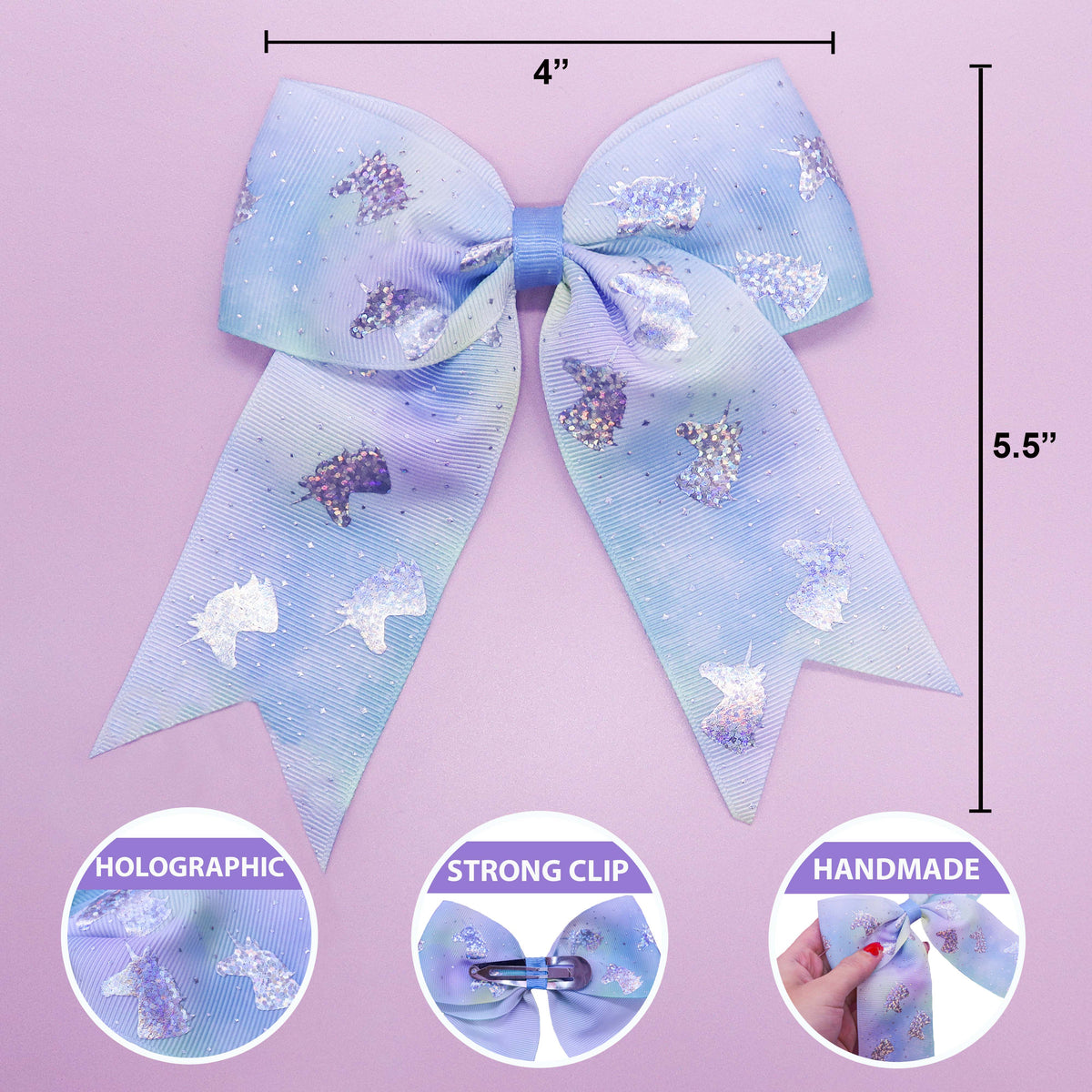 Frog Sac Large Unicorn Glitter Hair Bows, 4-Pack