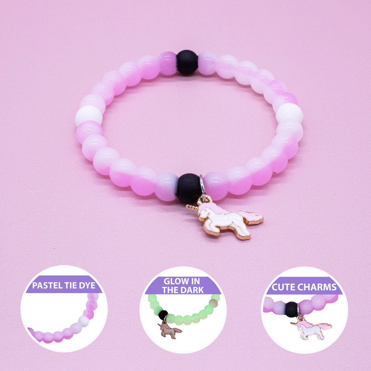 Frog Sac Glow in the Dark Unicorn Charm Bubble Bracelets, 3-Pack