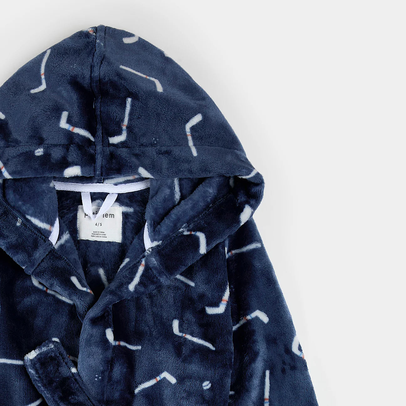 Petit Lem - Hockey Sticks Print on Navy Blue Plush Robe
