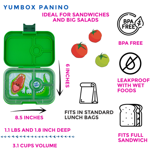 Yumbox Panino - Leakproof Sandwich Friendly Bento Box - Jurassic Green (Dino)