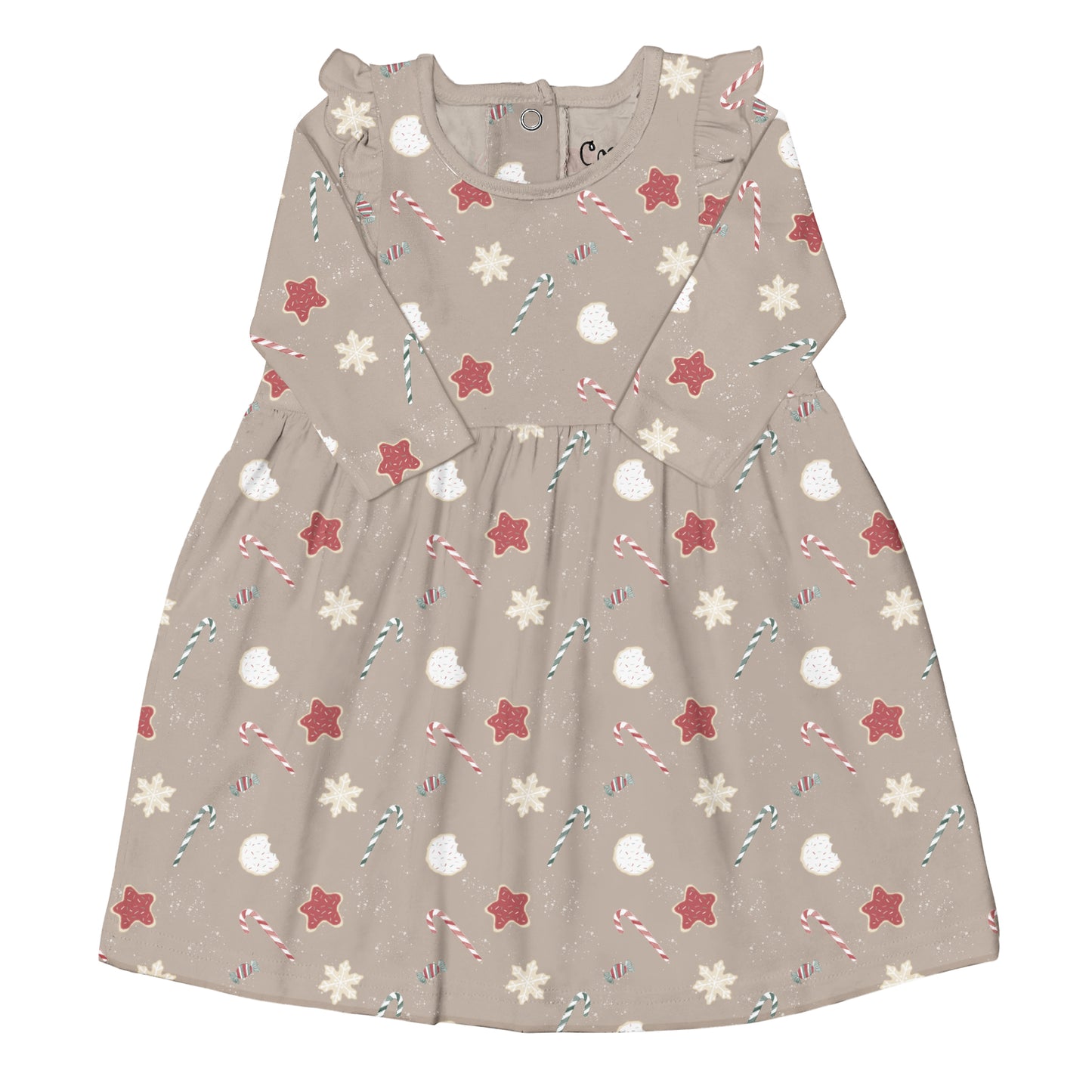 Coccoli Modal Long Sleeve Ruffle Dress -Sweet Treats on Oat - 3Y