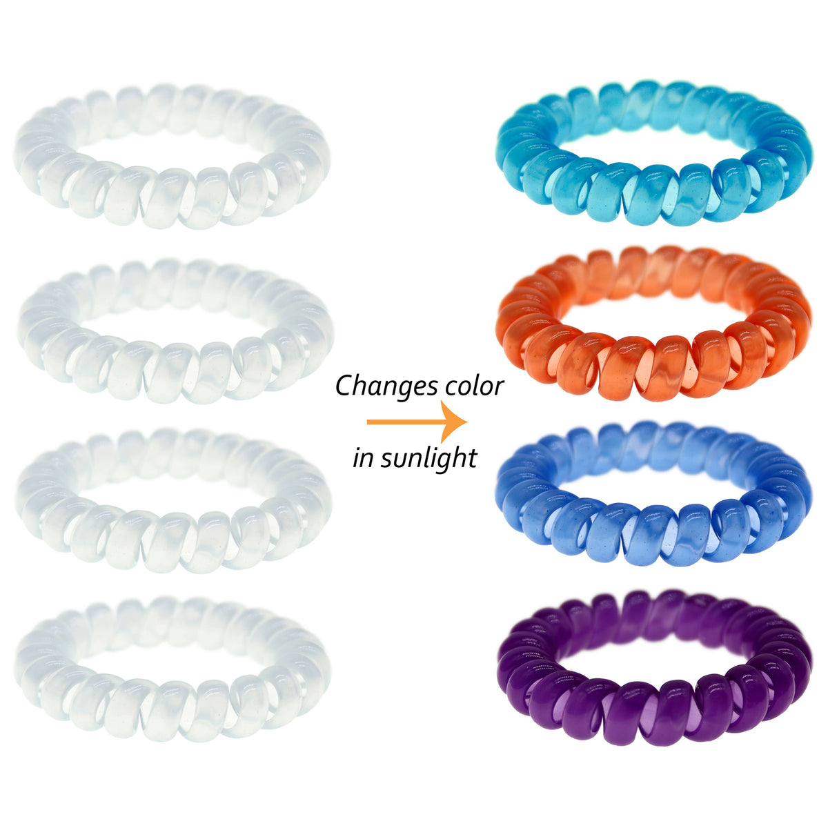 Frog Sac Spiral Hair Coils, UV Solar Reactive Color Changing, 4-Pack