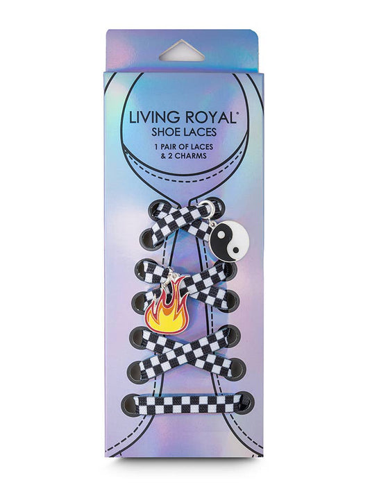 Living Royal - Shoelaces w/ Charms Set - Checkered w/Yin Yang & Fire Charms