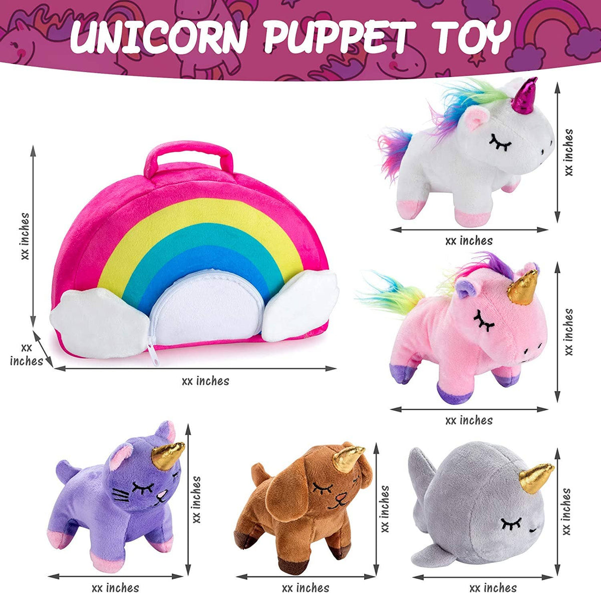 5-Piece Stuffed Unicorn Toy Set with To Carry Unicorn Bag