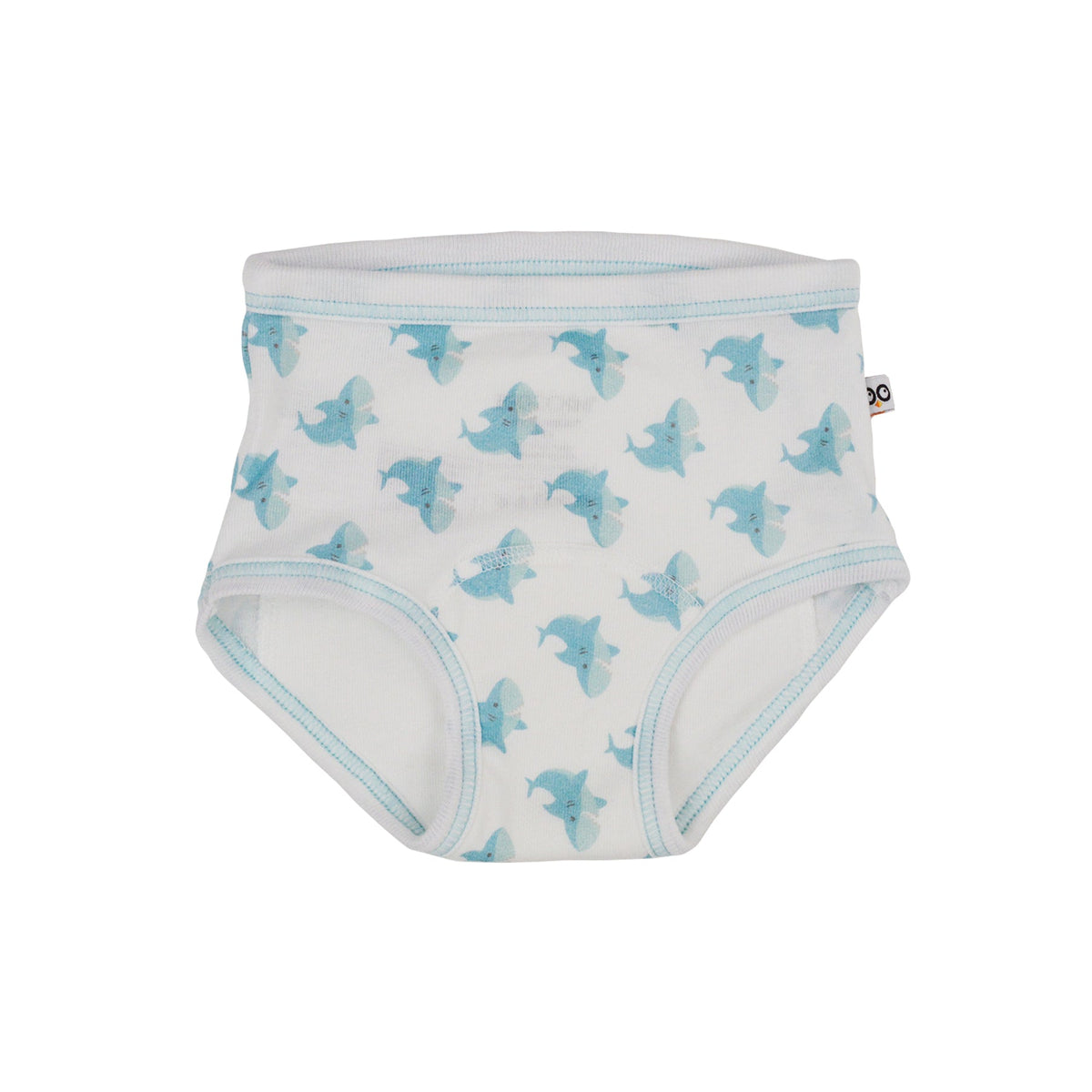 Baby diaper with blue shark pattern on a white background