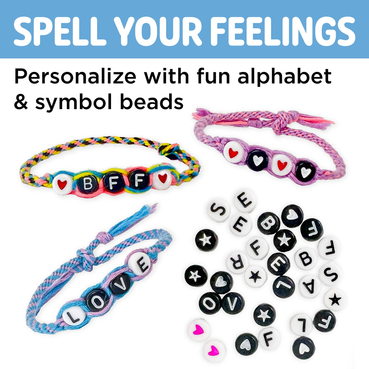 Bracelets with letter beads spelling out 'BFF' and 'LOVE', surrounded by additional letter beads on a white background.