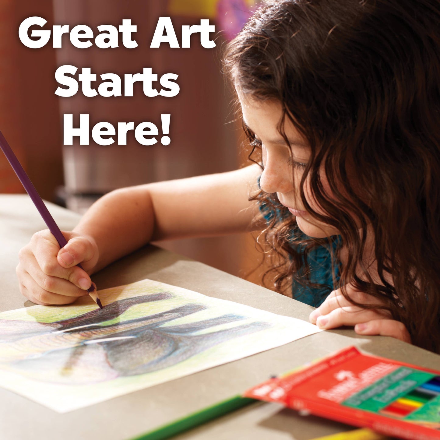 Child drawing with a purple colored pencil on a piece of paper, with text 'Great Art Starts Here!' above.
