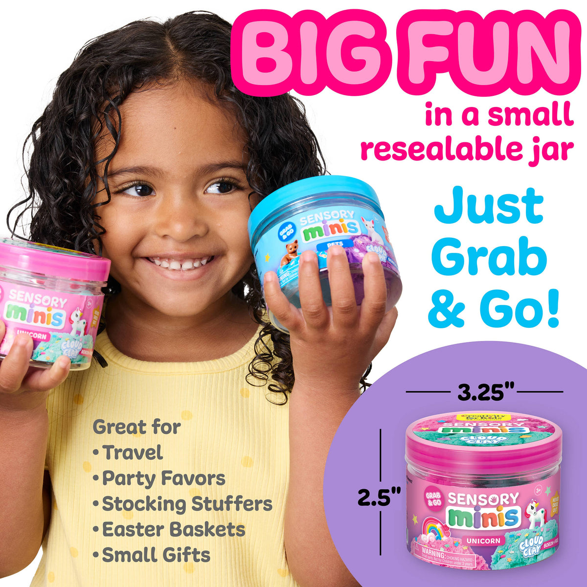 Child holding a container of Sensory Minis with product details and features.