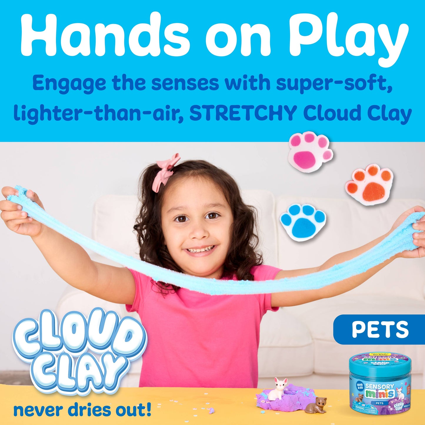Child playing with Cloud Clay, a super-soft, lighter-than-air product, with promotional text and branding.