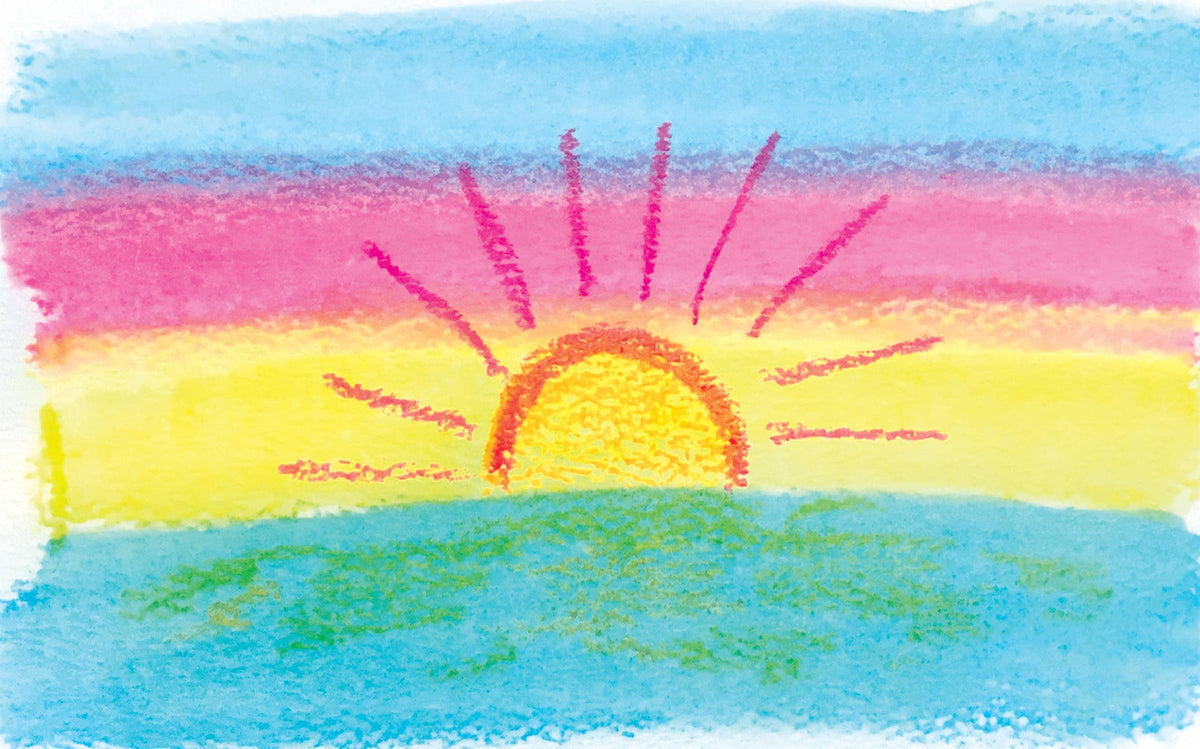 Colorful illustration of a sun rising over water with pink, yellow, and blue hues.