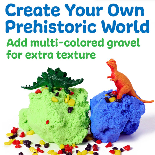 Colorful play dough with dinosaurs and text on a white background
