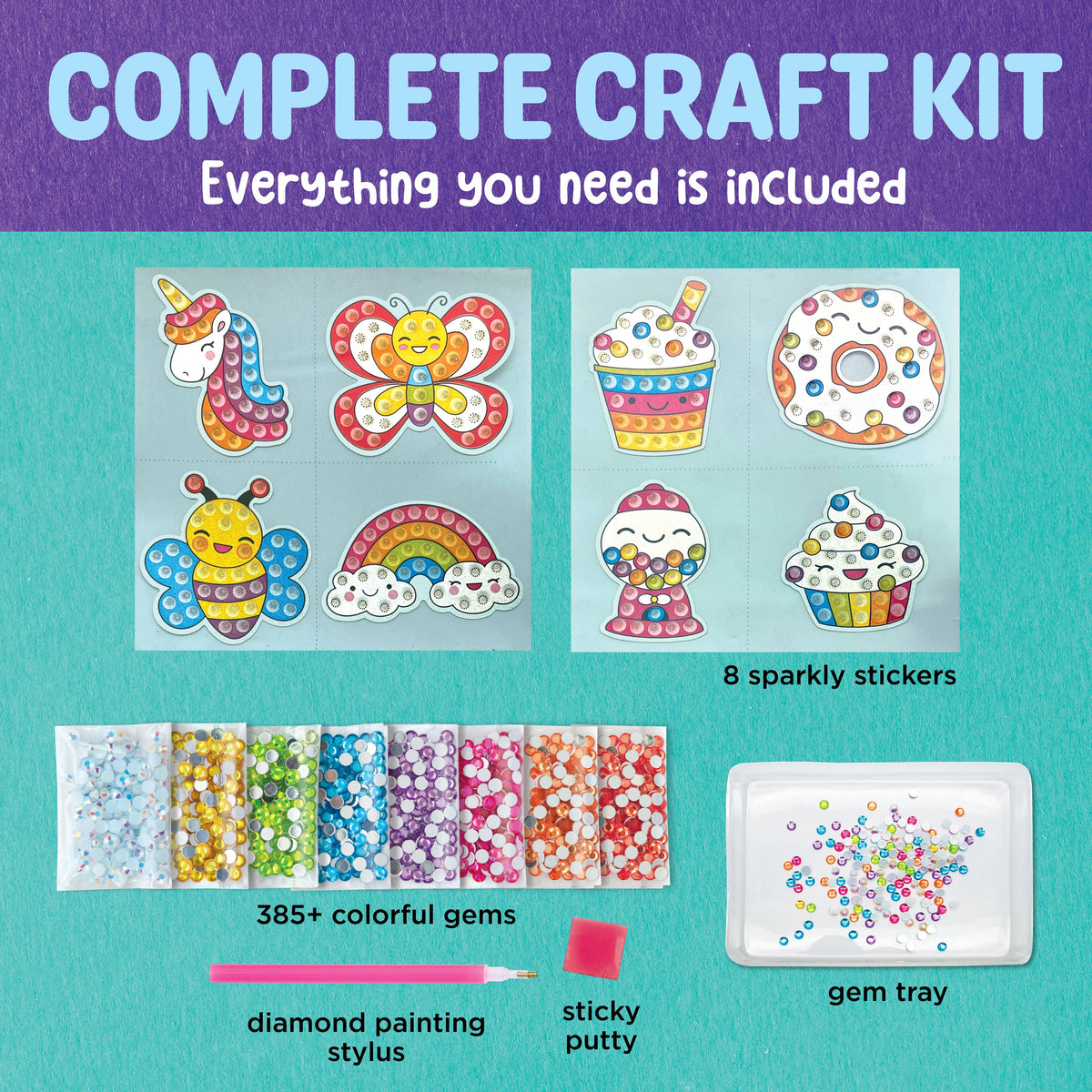 Complete craft kit with colorful stickers, gems, and tools on a teal background