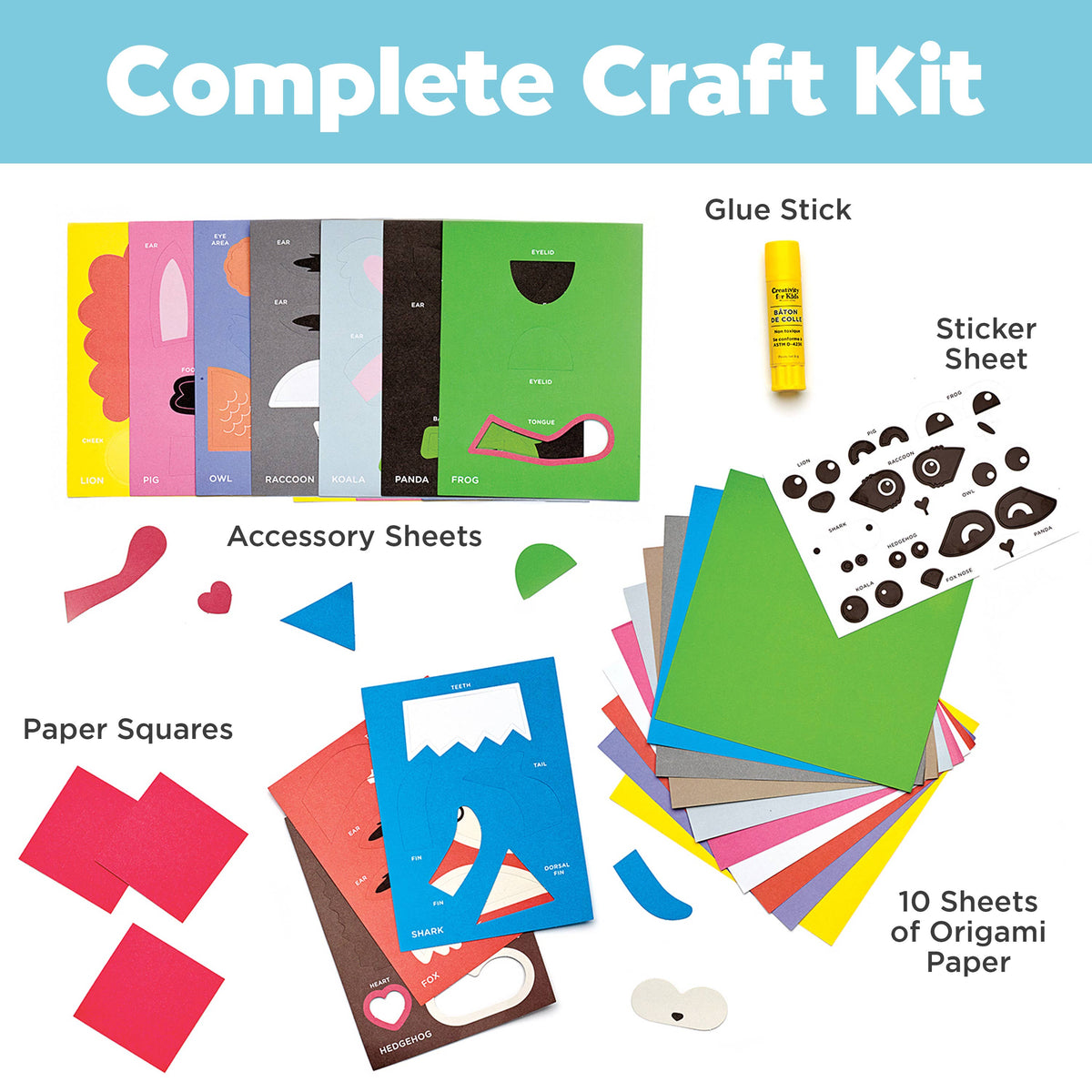 Complete craft kit with origami paper, accessory sheets, glue stick, and sticker sheet on a blue background.