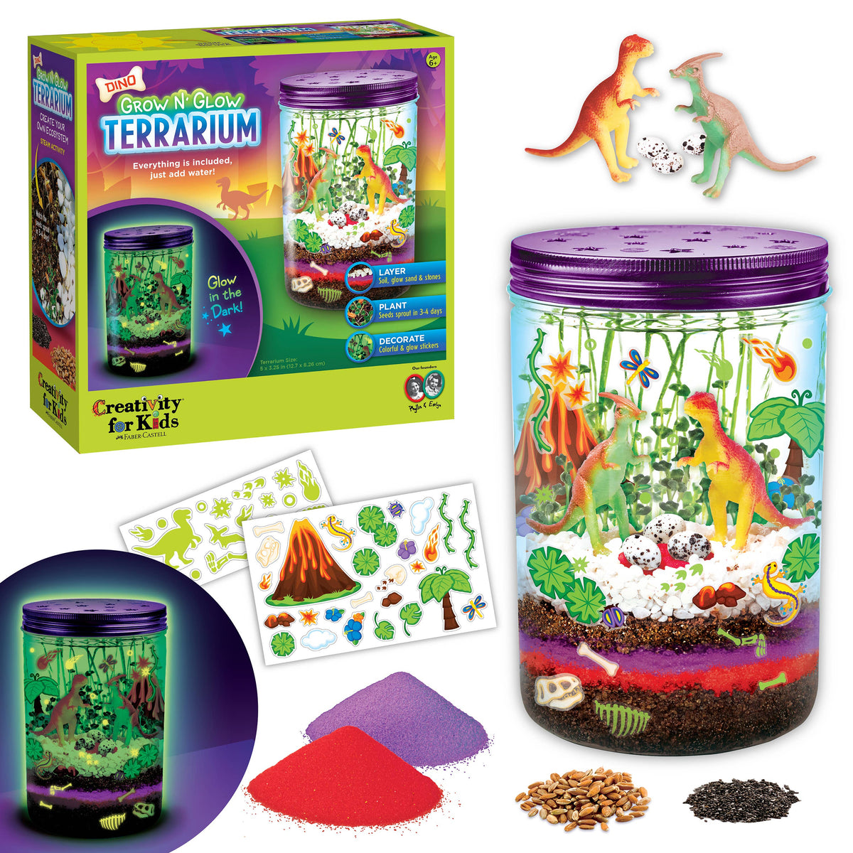 Grow and Glow Terrarium kit with dinosaur figures, packaging, and materials on a white background