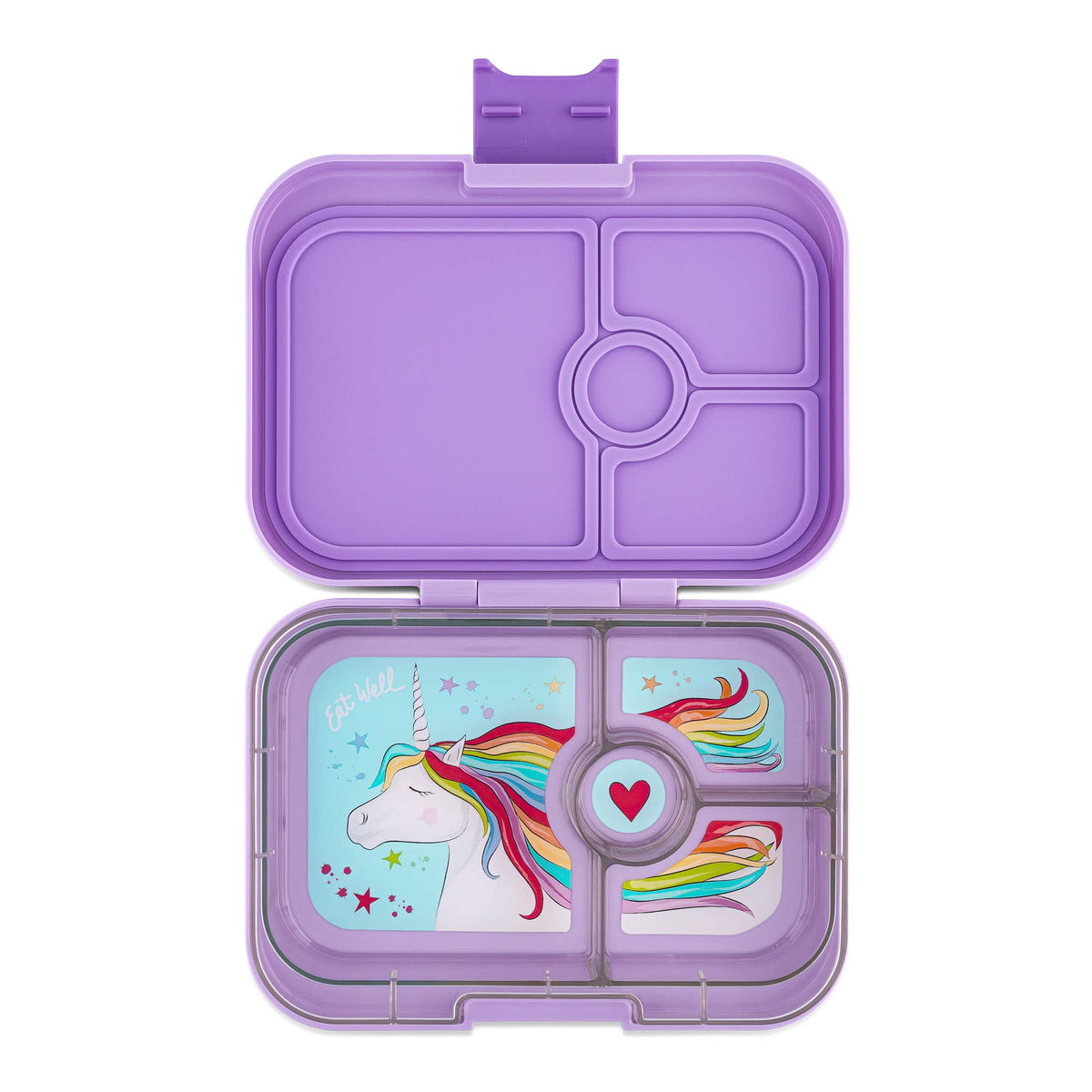 Open purple Yumbox with printed unicorn design inside, on a white background