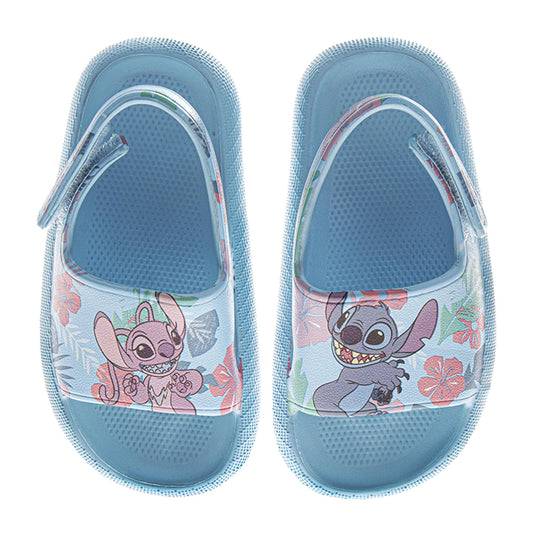 Pair of blue sandals with cartoon character design on a white background