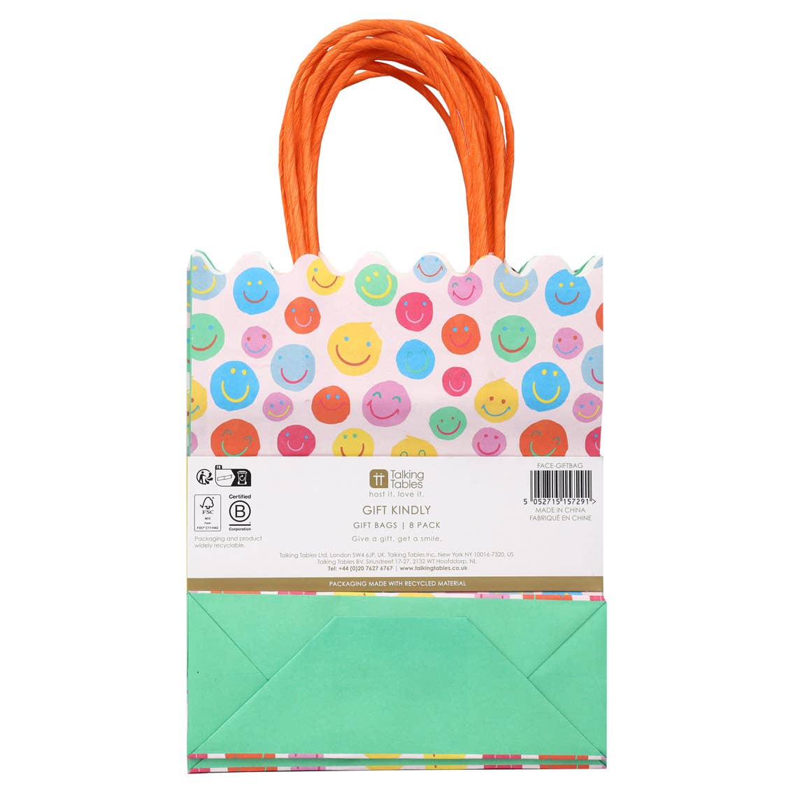 Talking Tables USA - Happy Face Smile Paper Gift Bags | 8 Pack |Party Favor Bags|