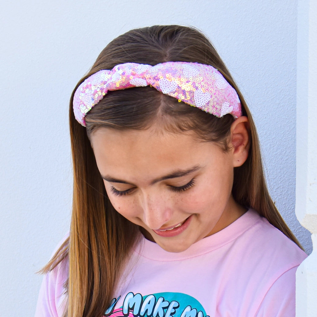 Frog Sac - Kids Knot Headband - Pink Sequin Heart Valentine's Day