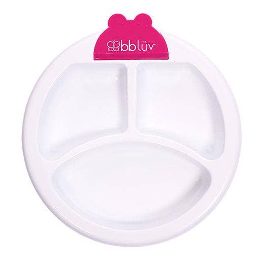 White divided plate with a pink 'bbluv' label on a white background