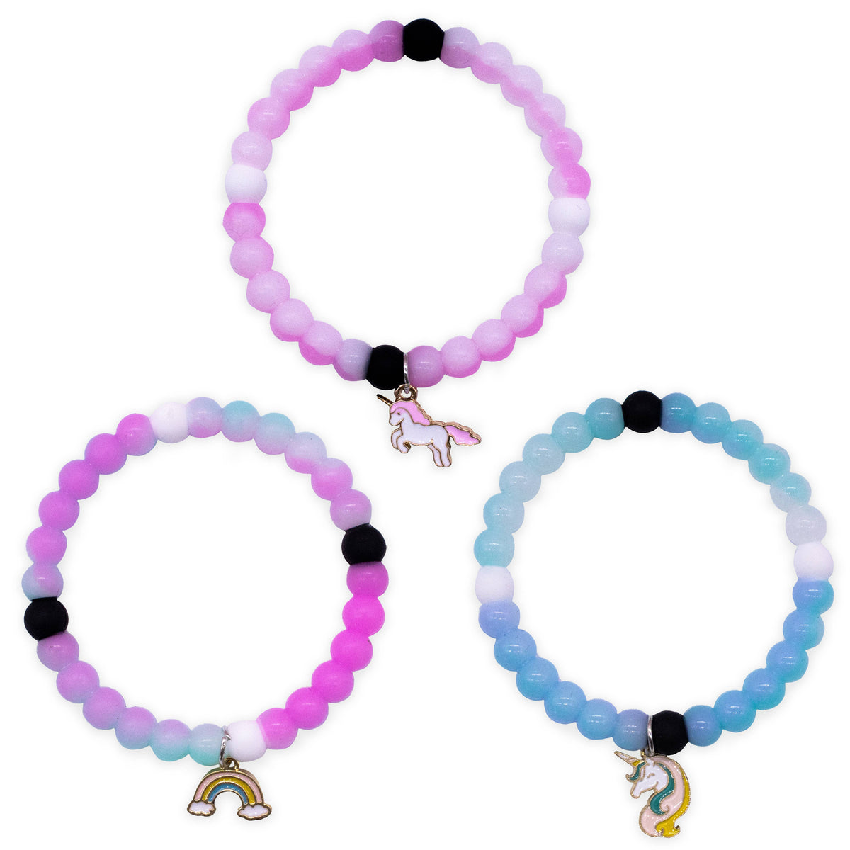 Frog Sac Glow in the Dark Unicorn Charm Bubble Bracelets, 3-Pack