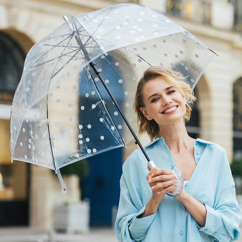 SMATI - Long Transparent Umbrella with Silver Polka Dots