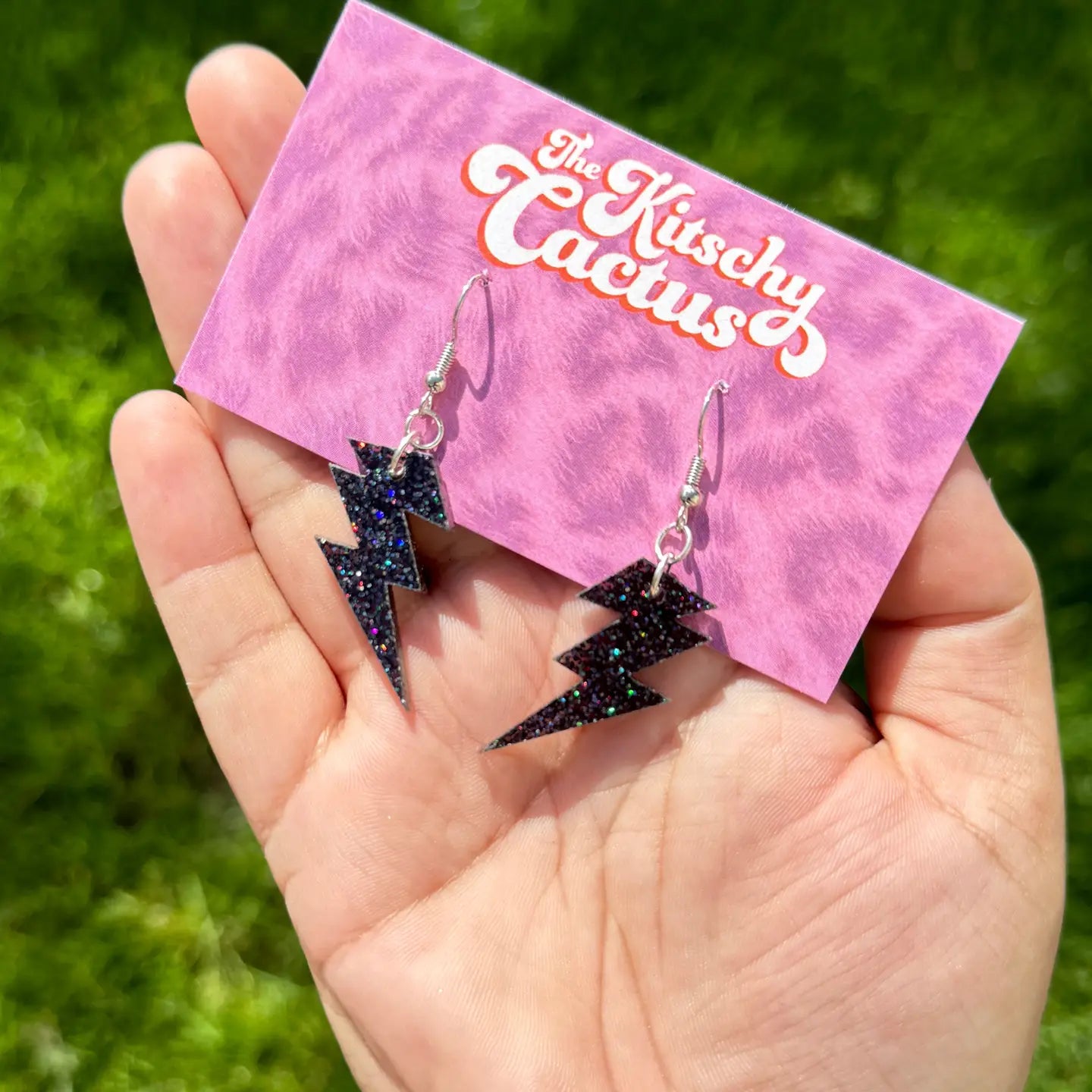 The Kitschy Cactus - Nightclubbin (mini)- Black Glitter Bolt Earrings