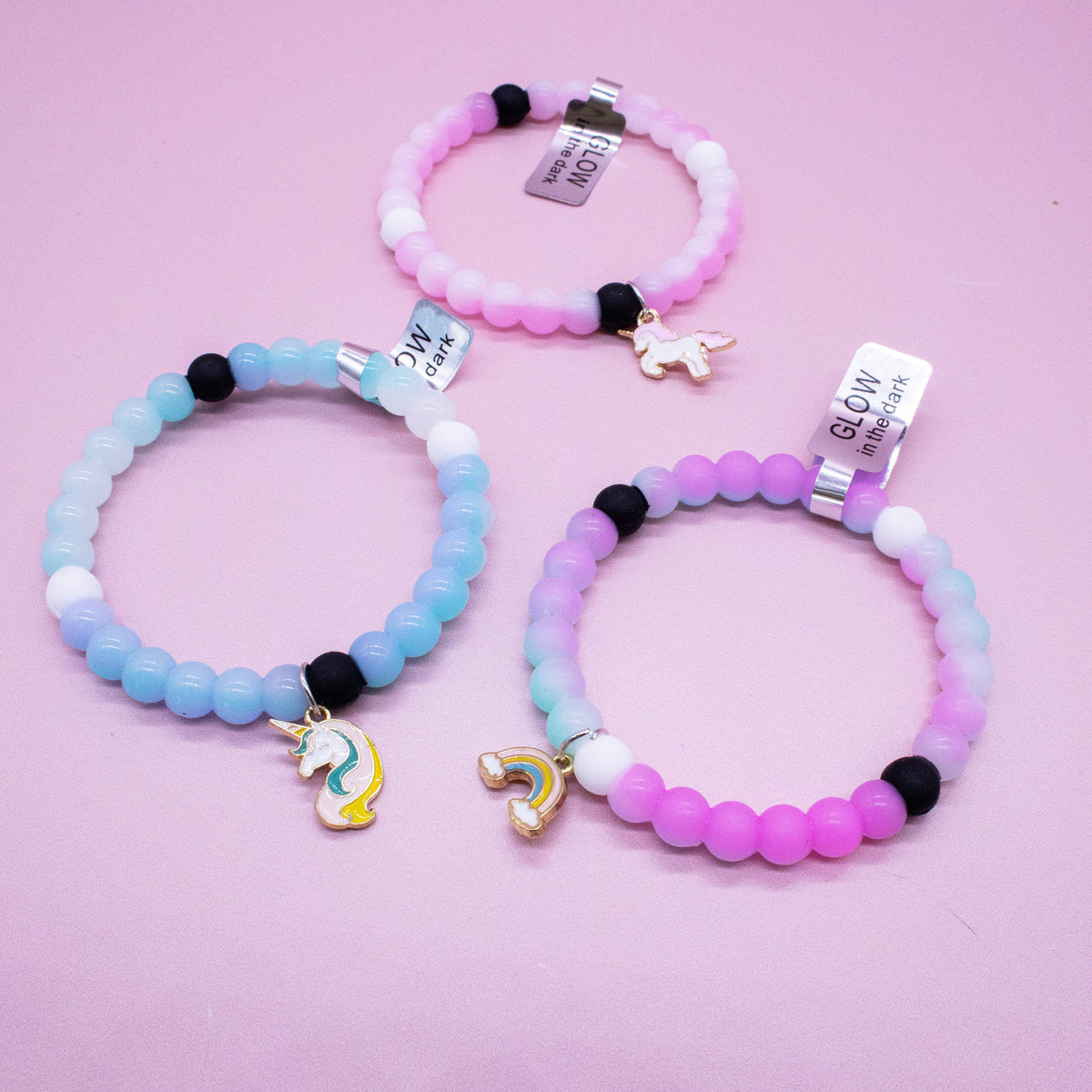 Frog Sac Glow in the Dark Unicorn Charm Bubble Bracelets, 3-Pack