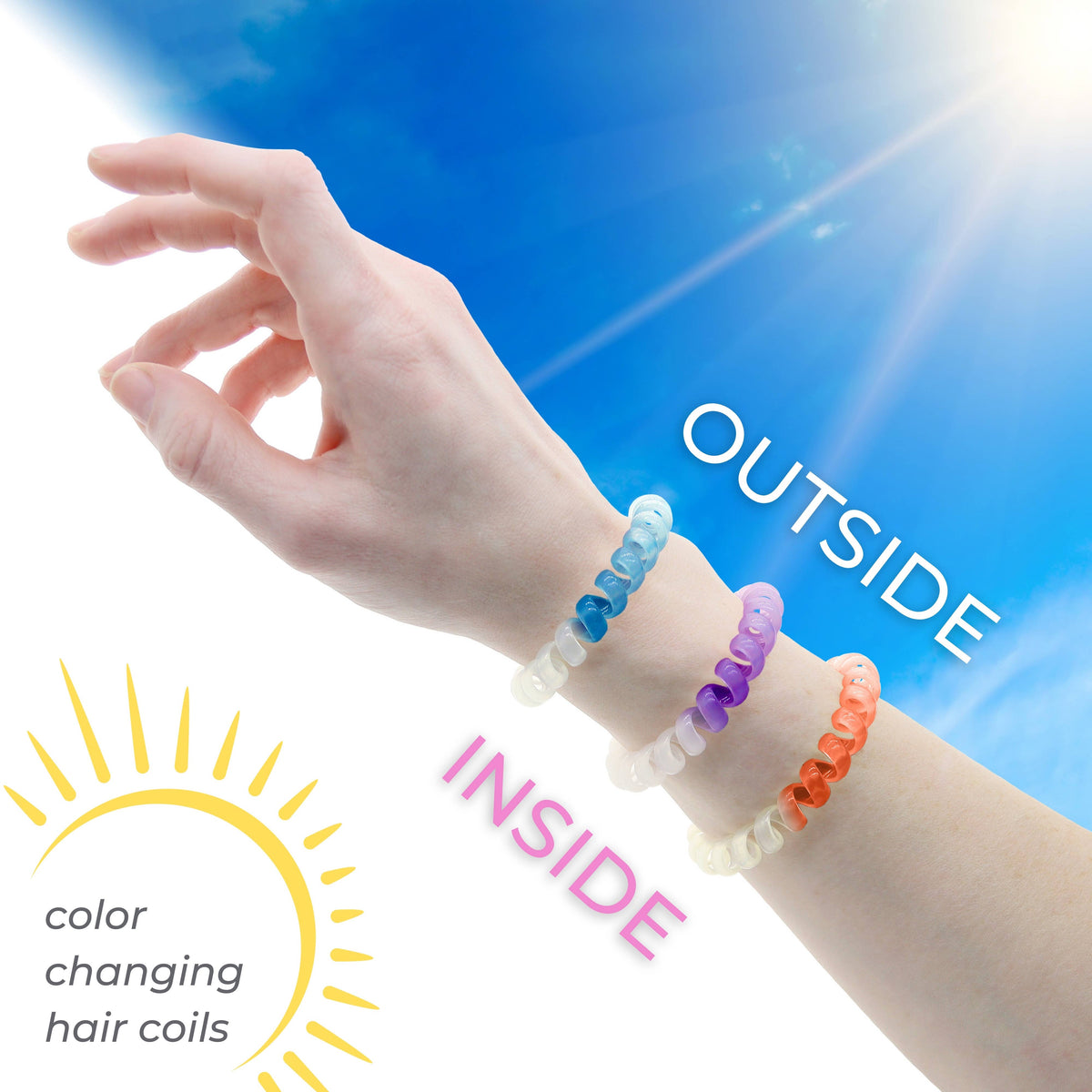 Frog Sac Spiral Hair Coils, UV Solar Reactive Color Changing, 4-Pack
