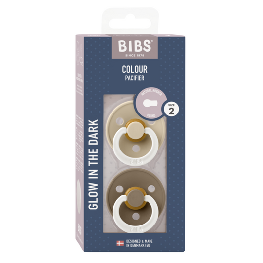 BIBS Pacifier Original COLOUR Latex 2 PK Vanilla Glow/Dark Oak Glow
