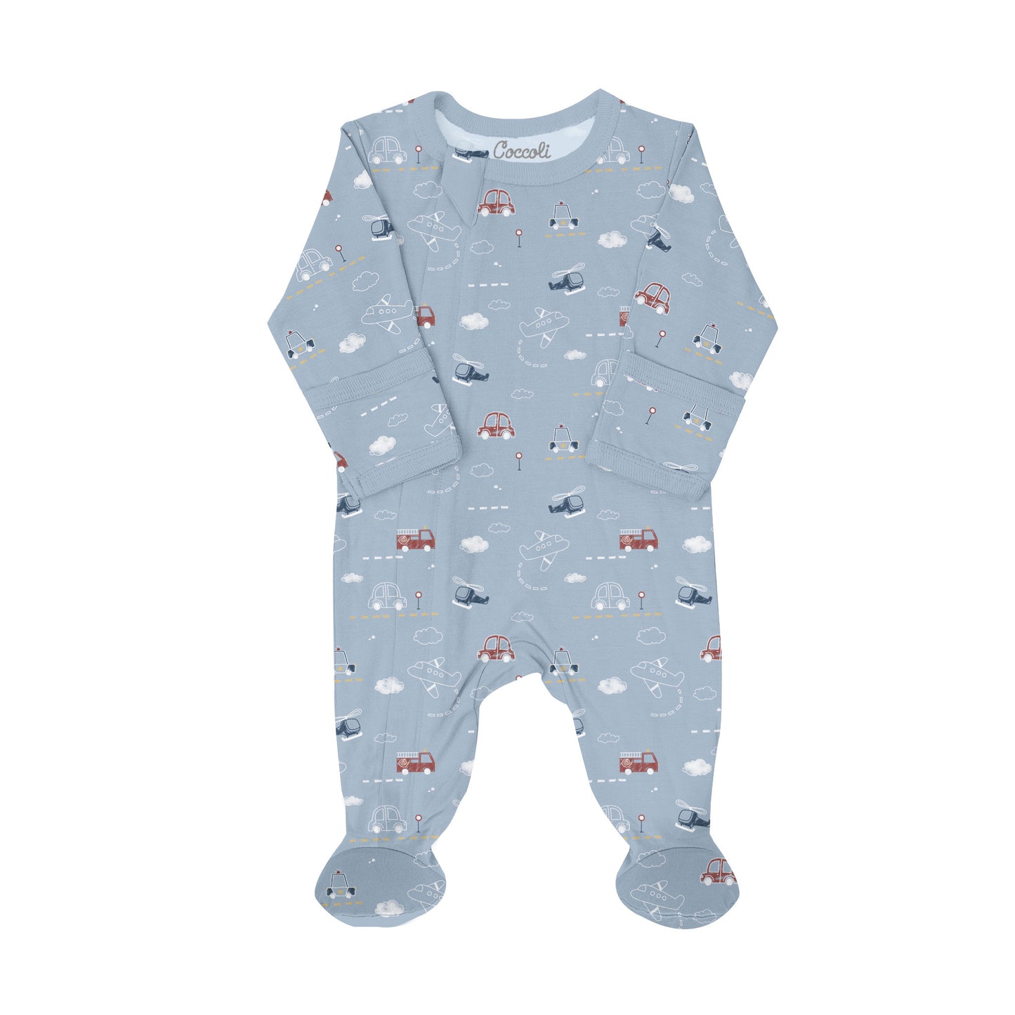 Coccoli Modal Zipper Footie - Vehicles On Blue - 1M
