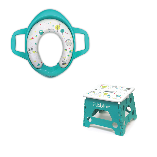 Teal and white potty training seat with matching step stool on a white background
