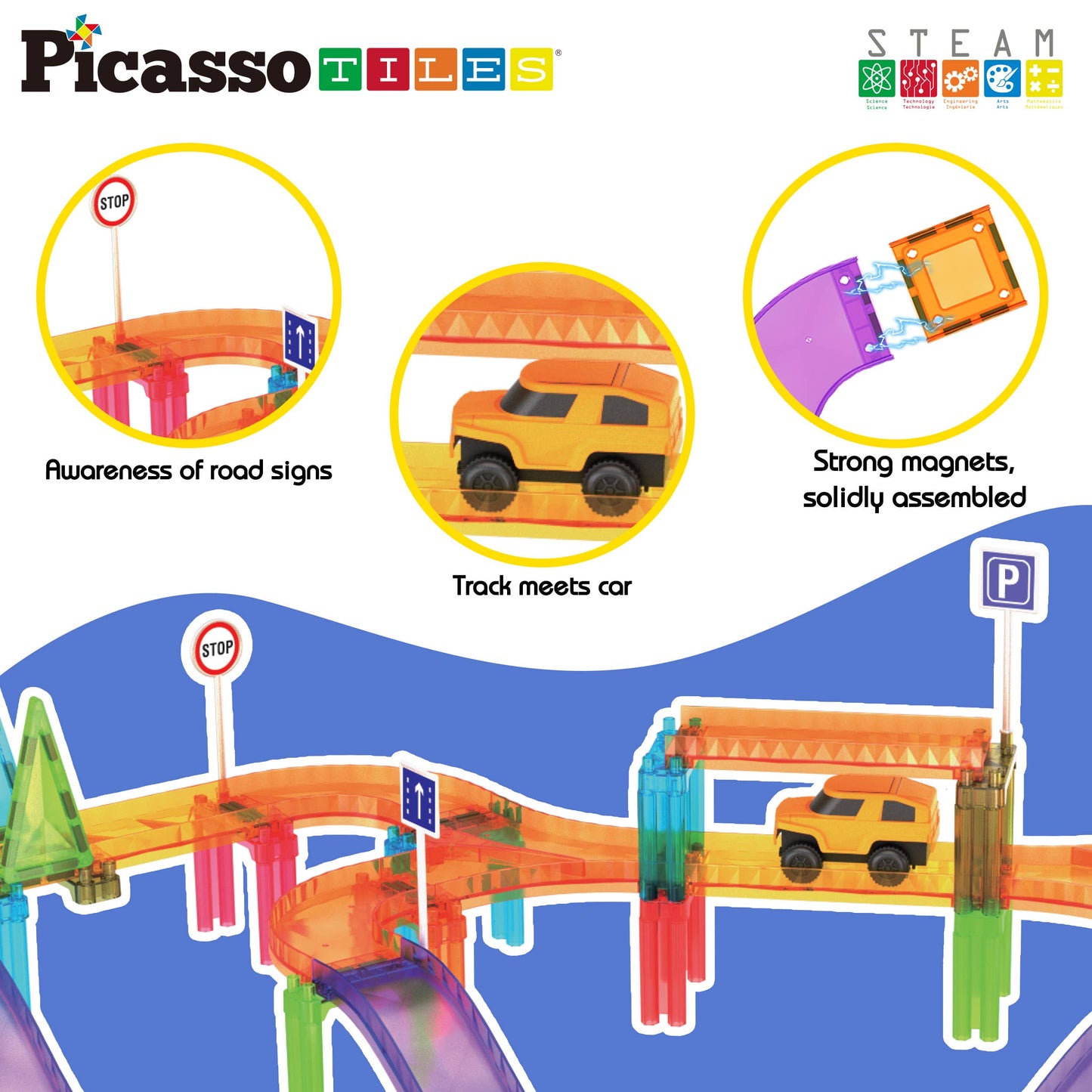 PicassoTiles 60pc Travel Size Magnetic Tile Race Track Set