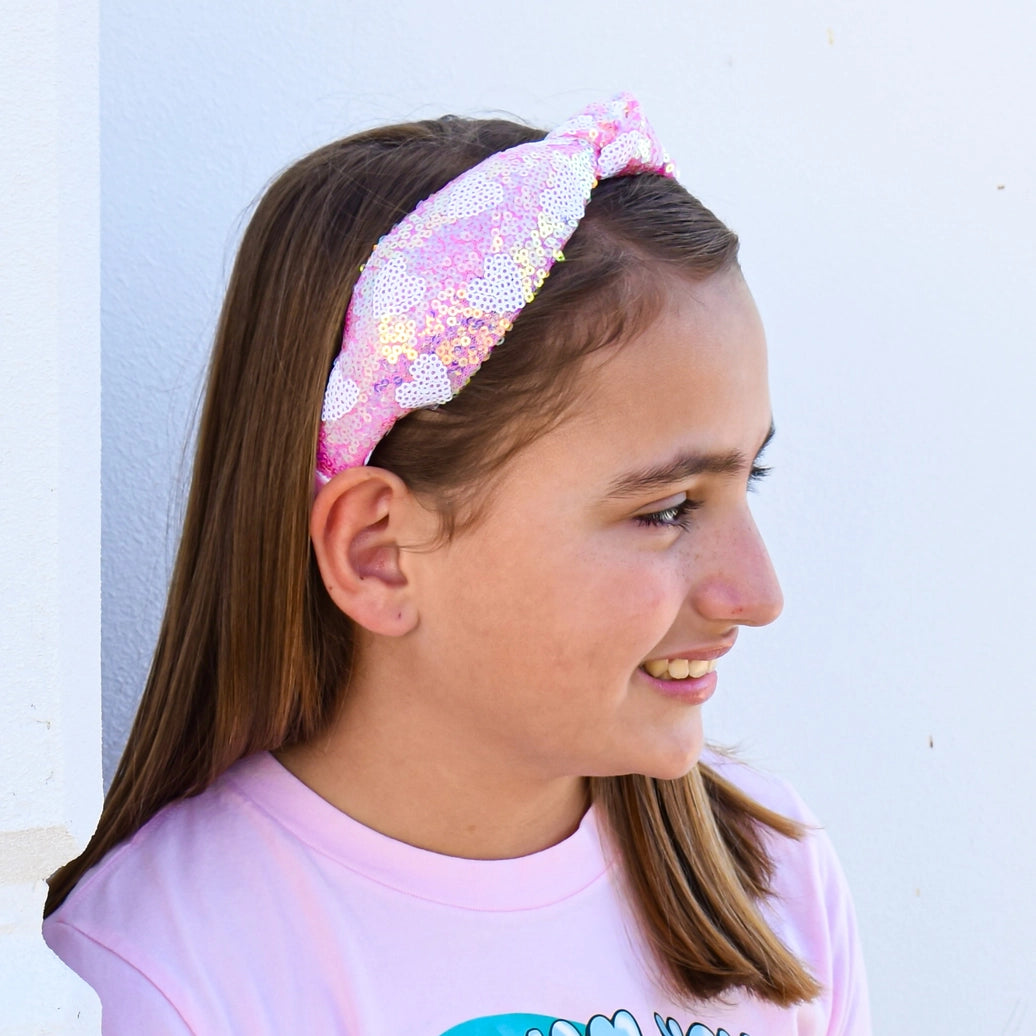 Frog Sac - Kids Knot Headband - Pink Sequin Heart Valentine's Day