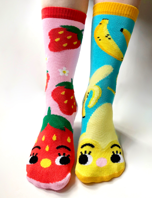 Pals Socks - Strawberry & Banana Mismatched Food Socks for Adults
