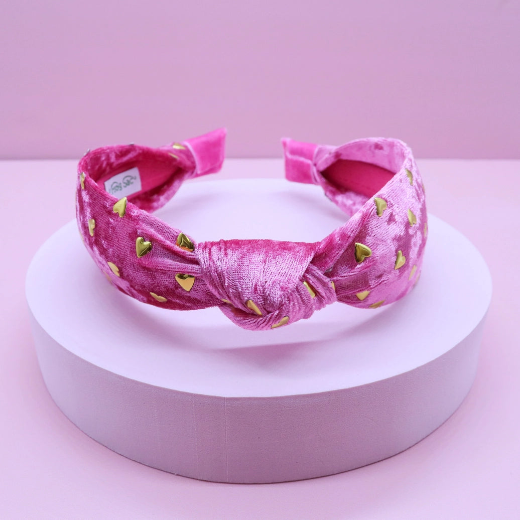 Frog Sac - Kids Knot Headband - Gold Heart Stud Velvet Hair Accessories