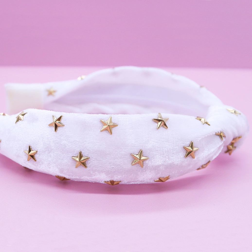 Frog Sac - Kids Knot Headband - White Star Stud Velvet Hair Accessories