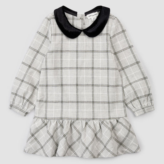 Miles The Label Baby Yarn-Dye Plaid Flannel Collared Dress - Grey