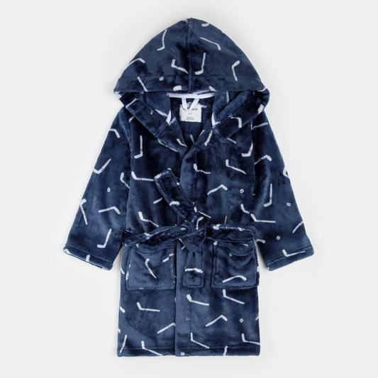 Petit Lem - Hockey Sticks Print on Navy Blue Plush Robe
