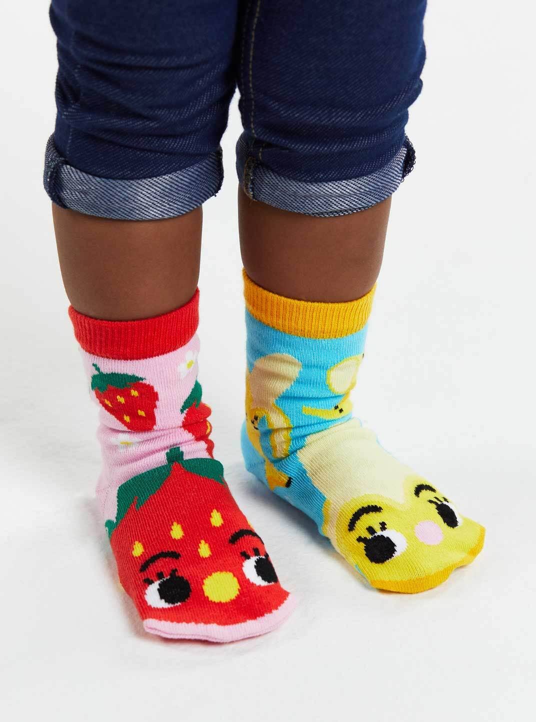 Pals Socks - Strawberry & Banana Mismatched Non-Slip Socks for Kids
