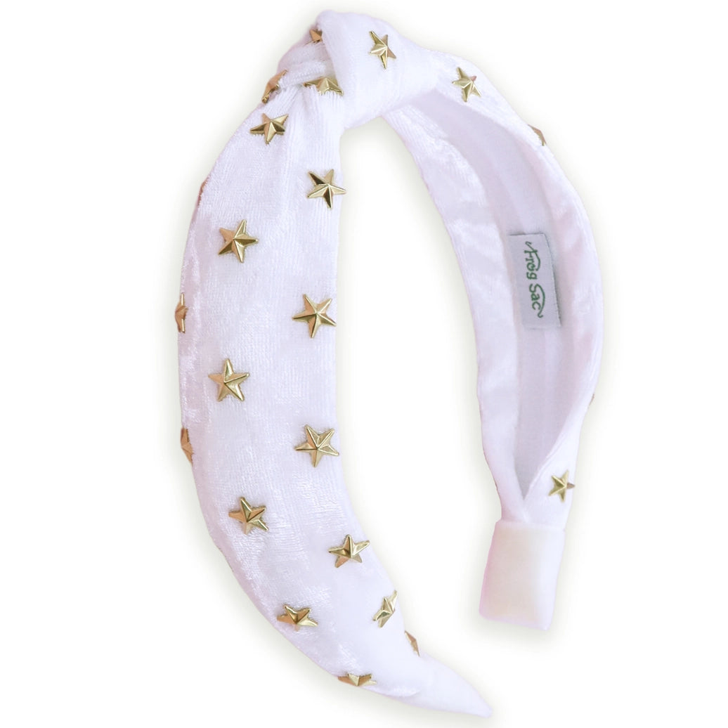 Frog Sac - Kids Knot Headband - White Star Stud Velvet Hair Accessories