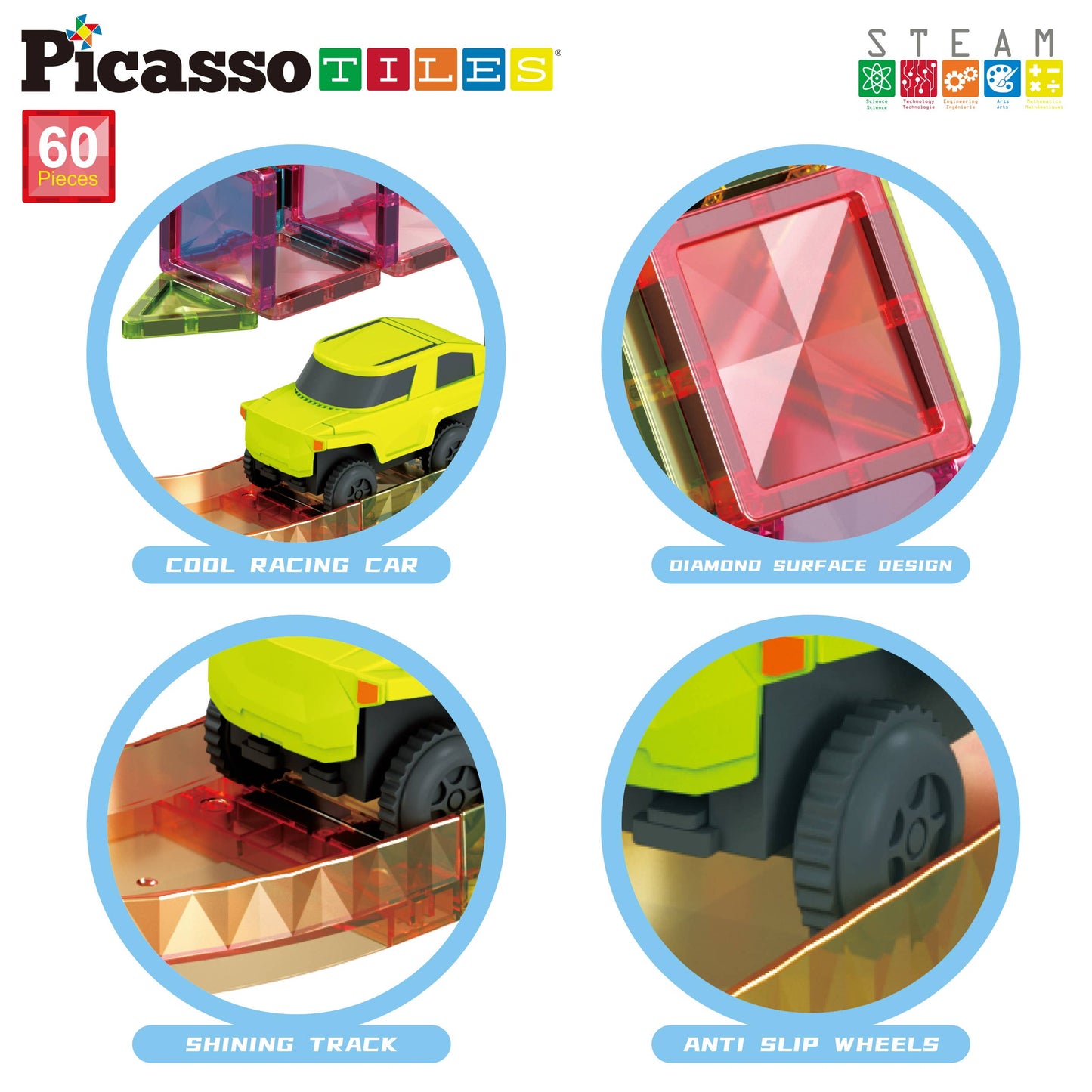 PicassoTiles 60pc Travel Size Magnetic Tile Race Track Set