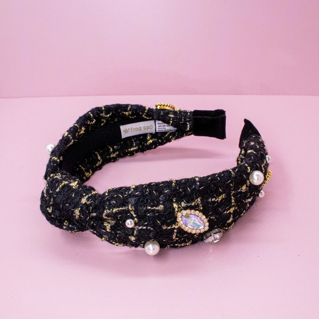 Frog Sac - Embellished Knot Headband - Tweed Rhinestone Pearl