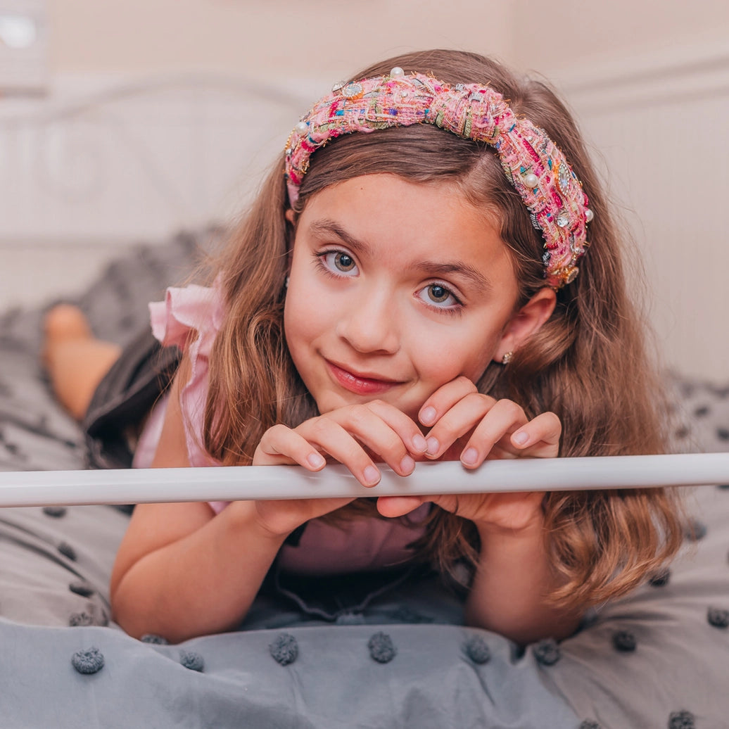 Frog Sac -  Kids Knot Headband - Embellished Rhinestone Pearl Tweed