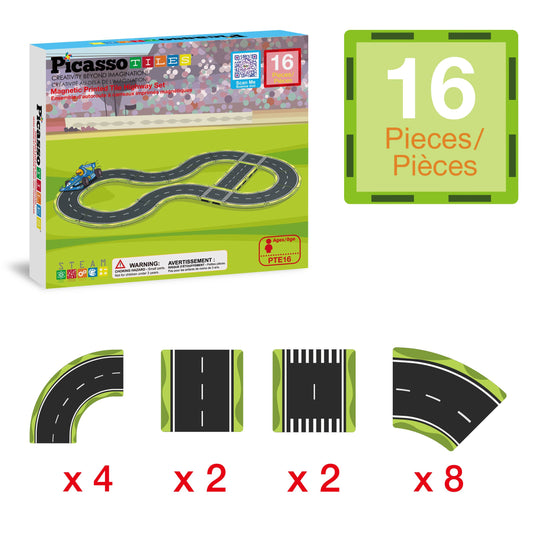 PicassoTiles 16pc Magnetic Car Track Speedway Set
