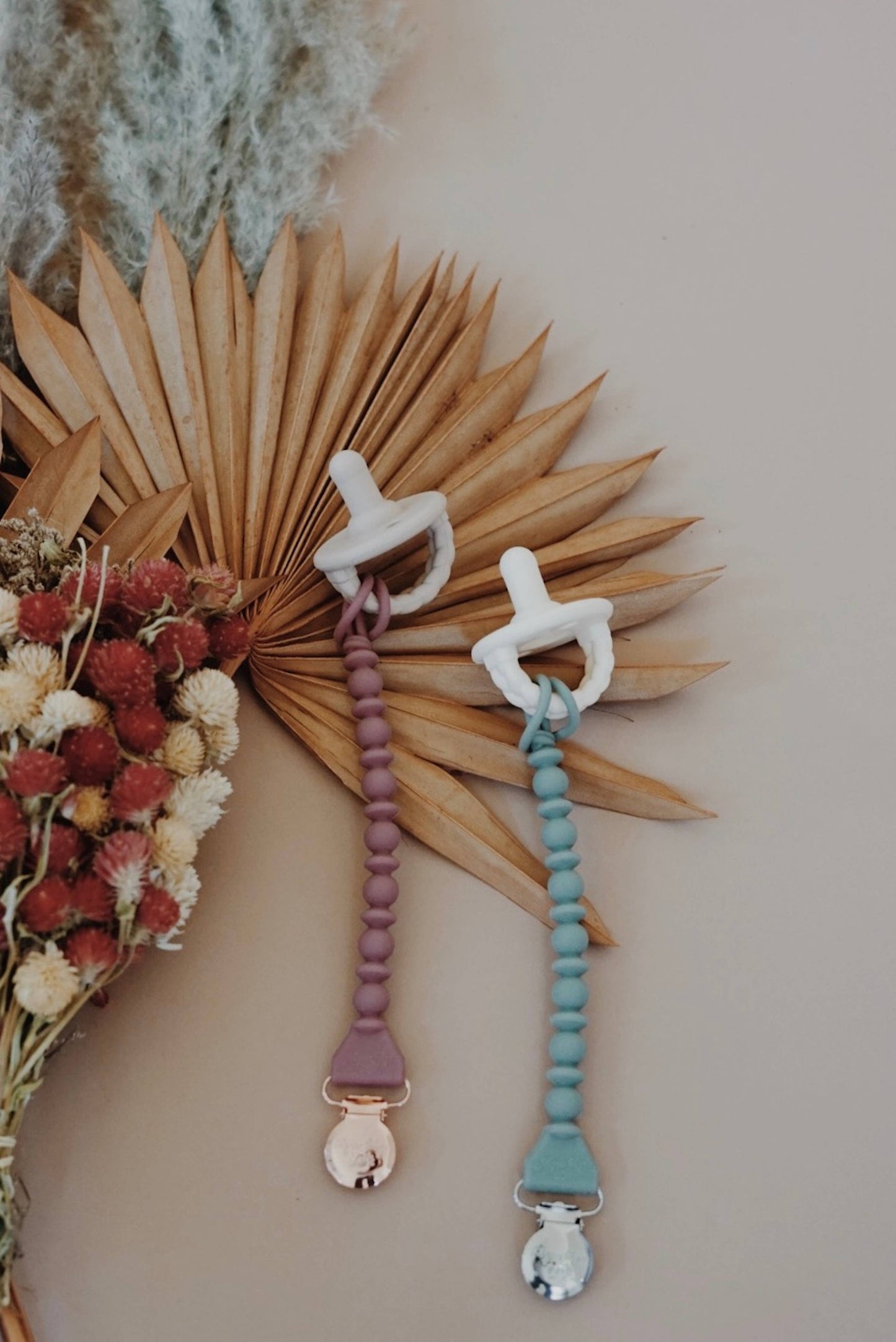 Itzy Ritzy - Sweetie Strap™ Silicone One-Piece Pacifier Clips: Pink and Silver Beaded