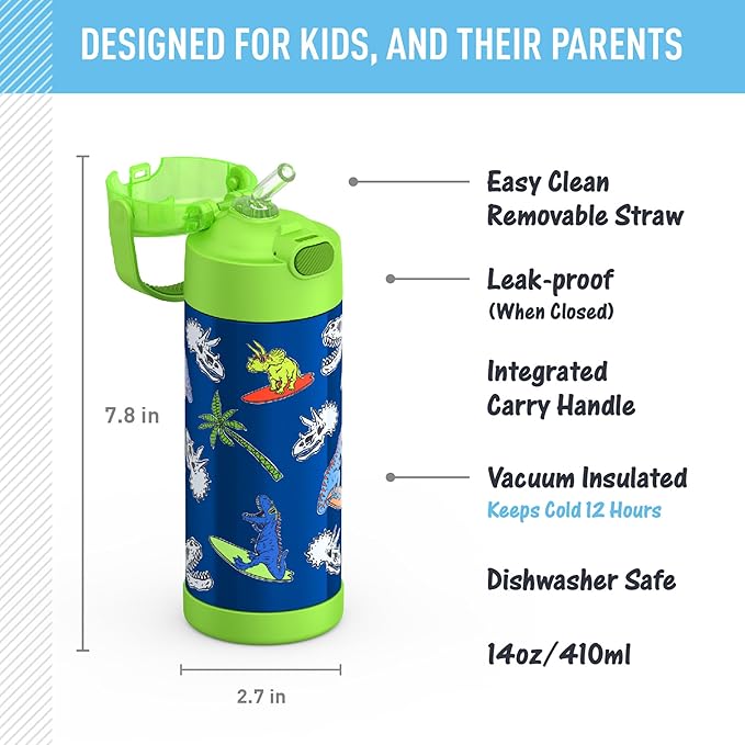 Thermos - 410ml FUNtainer Water Bottle with Spout and Locking Lid, Daring Dinos