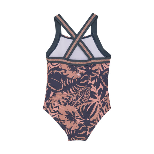 Color Kids 1 pc Swimsuit Blue Rose Gold Sparkle Palm Leaves - 6Y