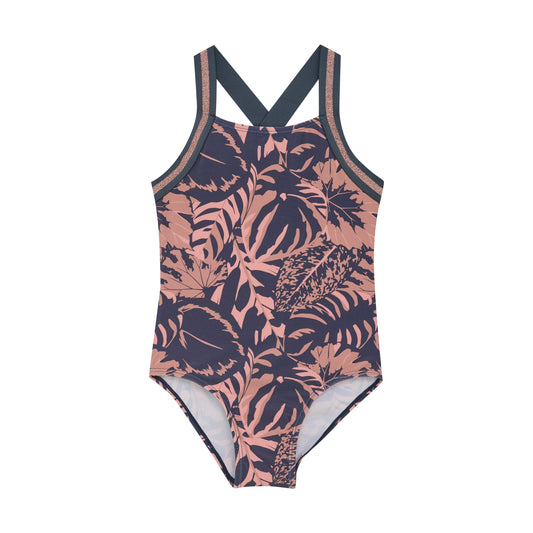 Color Kids 1 pc Swimsuit Blue Rose Gold Sparkle Palm Leaves - 6Y