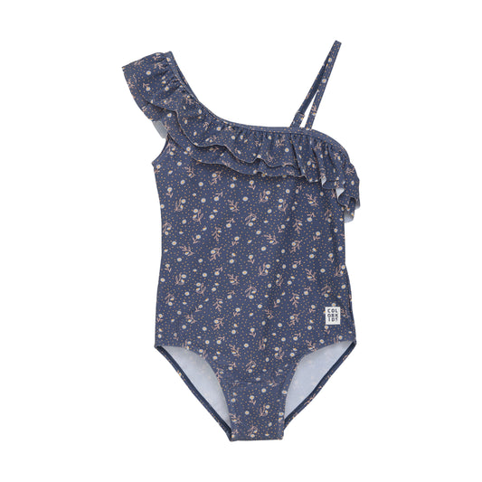 Color Kids 1 pc Swimsuit Asymmetrical Blue Micro Flowers with Ruffles - 6Y