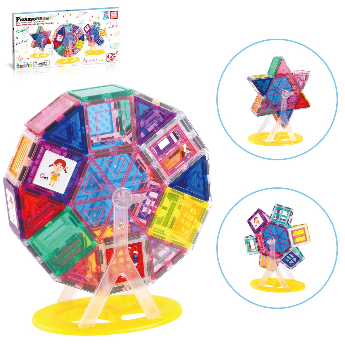 PicassoTiles 63 Piece Magnet Tile Ferris Wheel Building Set